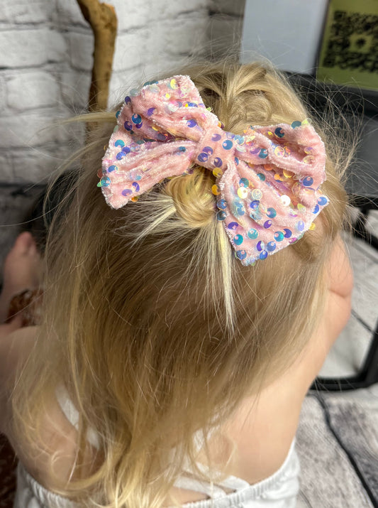 Chunky Crushed Velvet + Sequins Hair Bow Clip